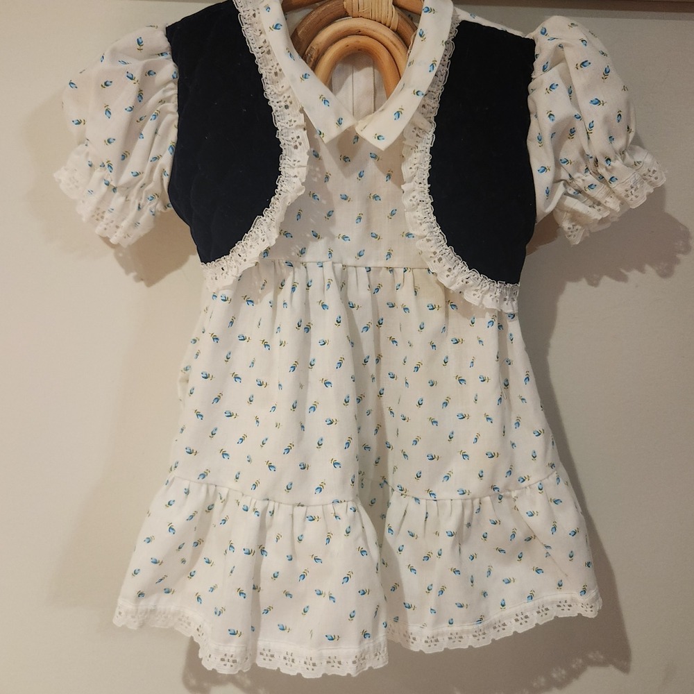 Vintage 3-9month Girls Floral Dress with Velvet Vest‎ Set Blue White Lace Trim